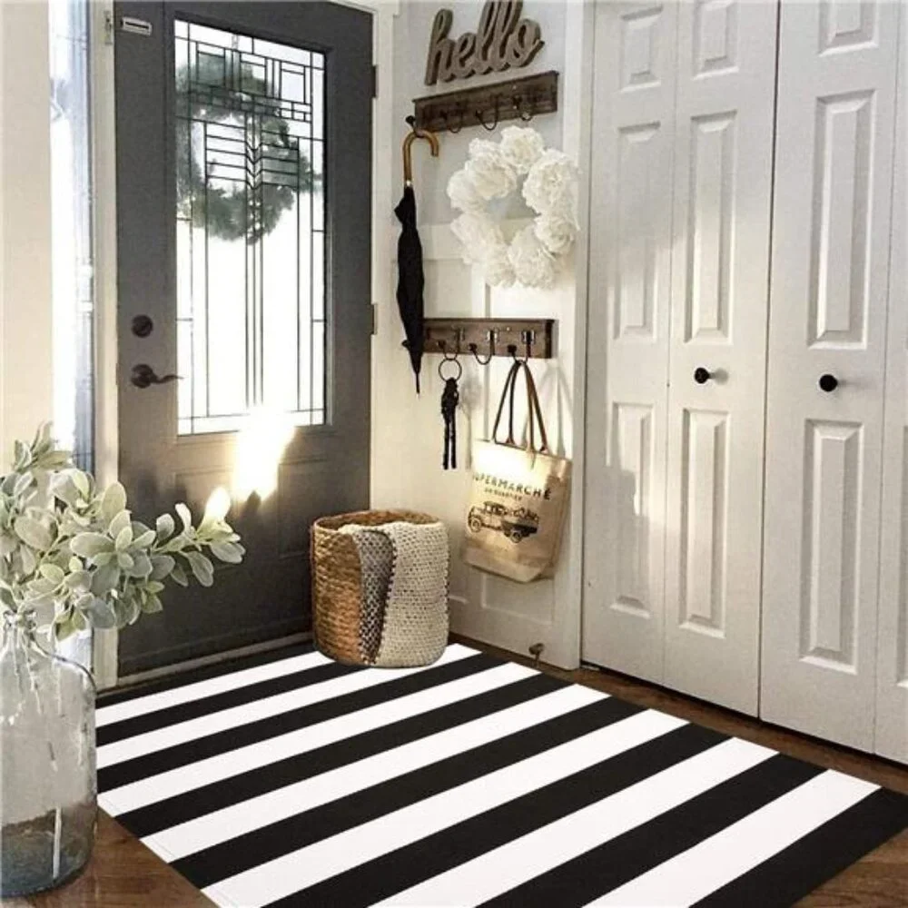 Black and White Striped Area Rug 3x5 Ft Front Door Rug Hand Woven Cotton
